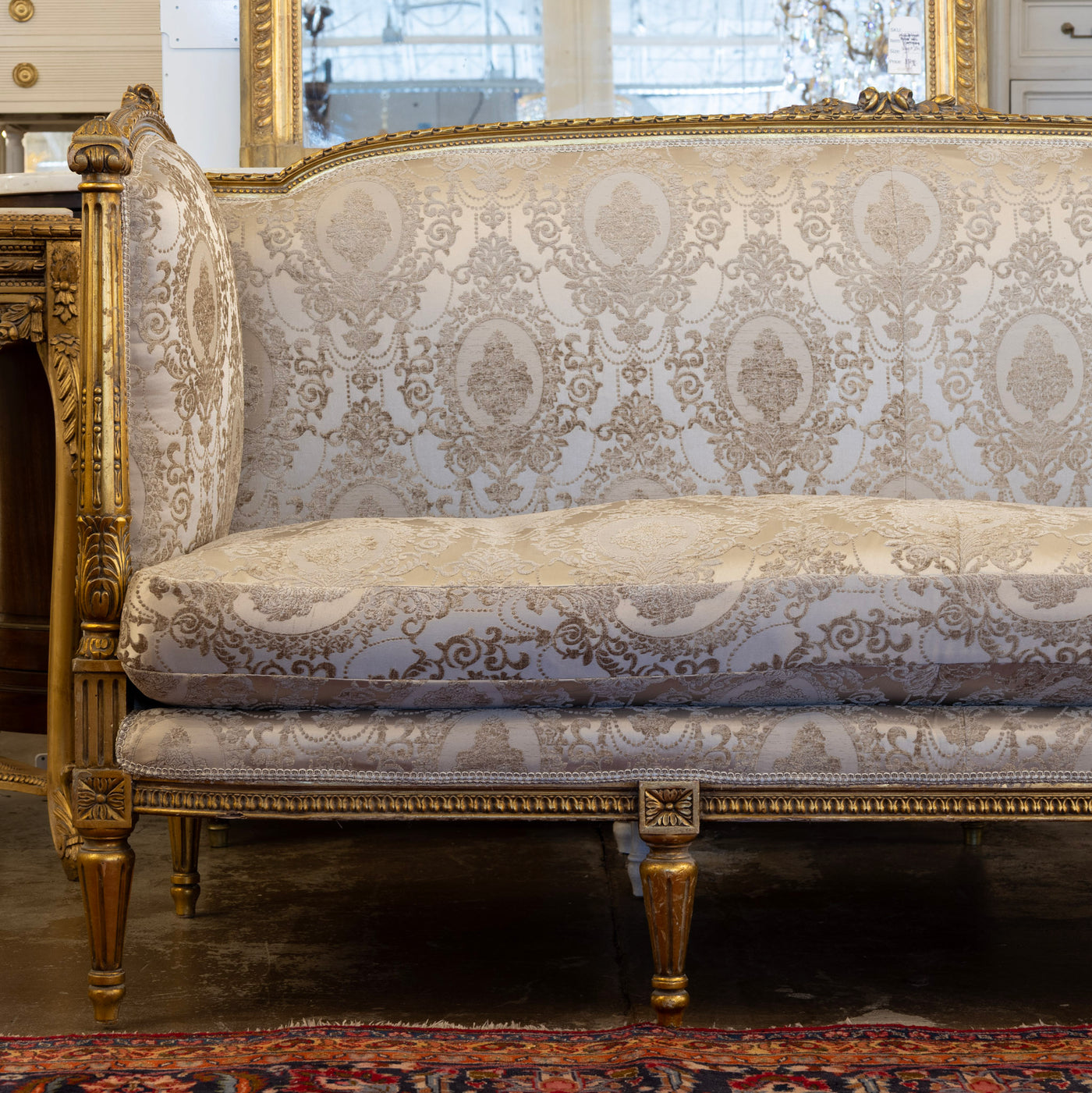 Louis XVI Sofa – Gilded with Damask Upholstery