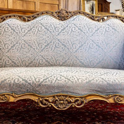Louis XV Gilded Sofa – Detailed Carvings & Blue Damask Upholstery