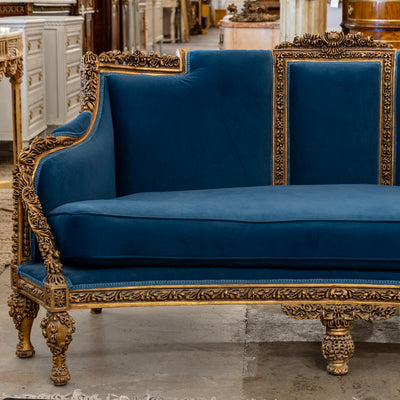 Louis XVI Gilded Sofa – Carved Detailing & Dark Blue Velvet Upholstery