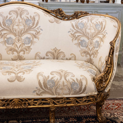 Louis XV Gilded Sofa – Carved Floral Frame & Cream Damask Upholstery