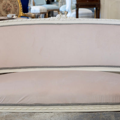 Louis XVI Petite Settee – White Frame & Baby Pink Velvet Upholstery