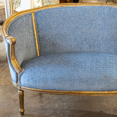 Louis XVI Round Settee – Gilded Frame & Greek Key Blue Velvet