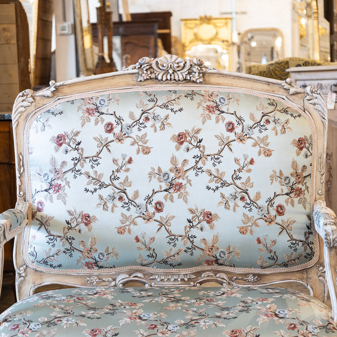Louis XV Painted Settee – Floral Scalamandré Upholstery & Carved Trim
