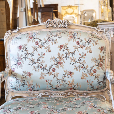 Louis XV Painted Settee – Floral Scalamandré Upholstery & Carved Trim