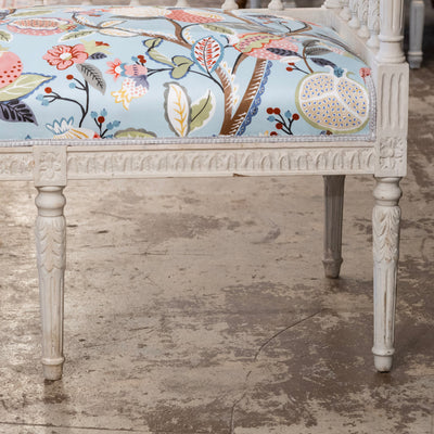 Swedish Painted Settee – Blue Botanical Print Upholstery