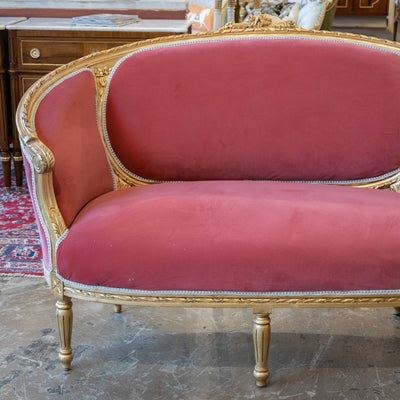 Louis XVI Gilded Settee – Dark Pink Velvet Upholstery