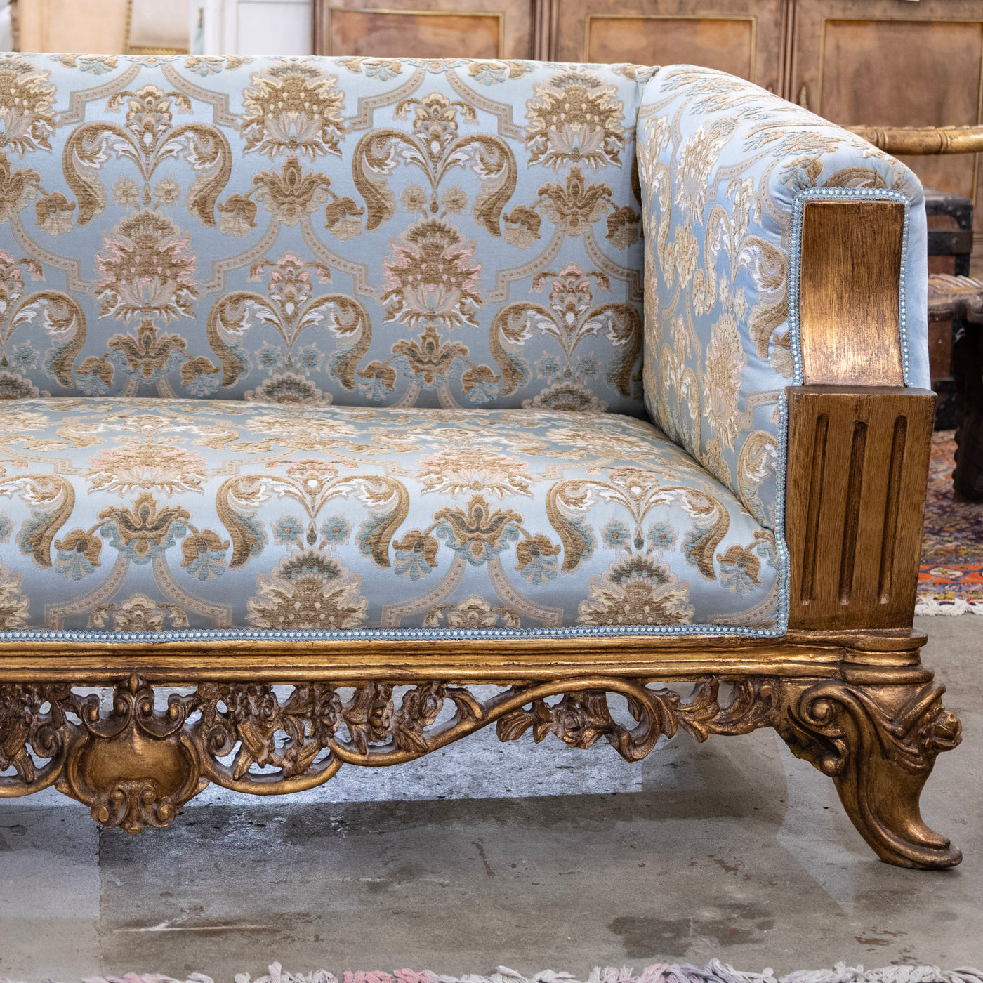Italian Gilded Sofa – Carved Base & Blue Damask Upholstery