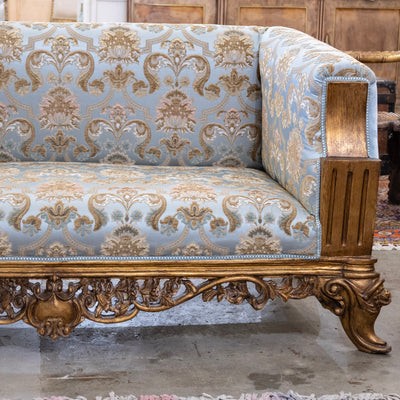 Italian Gilded Sofa – Carved Base & Blue Damask Upholstery