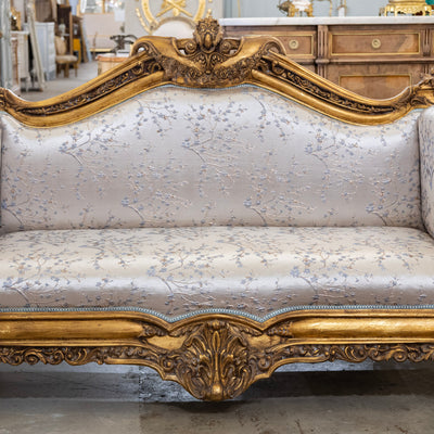 Italian Gilded Sofa – Carved Detailing & Pale Blue Silk-Weave Floral Upholstery