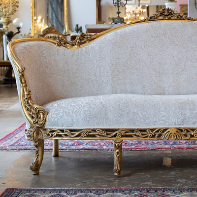 Louis XV Gilded Sofa – Carved Trim & Cream Velvet Textured Upholstery