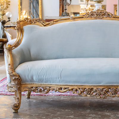 Louis Gilded XV Sofa – Baby Blue Velvet Upholstery