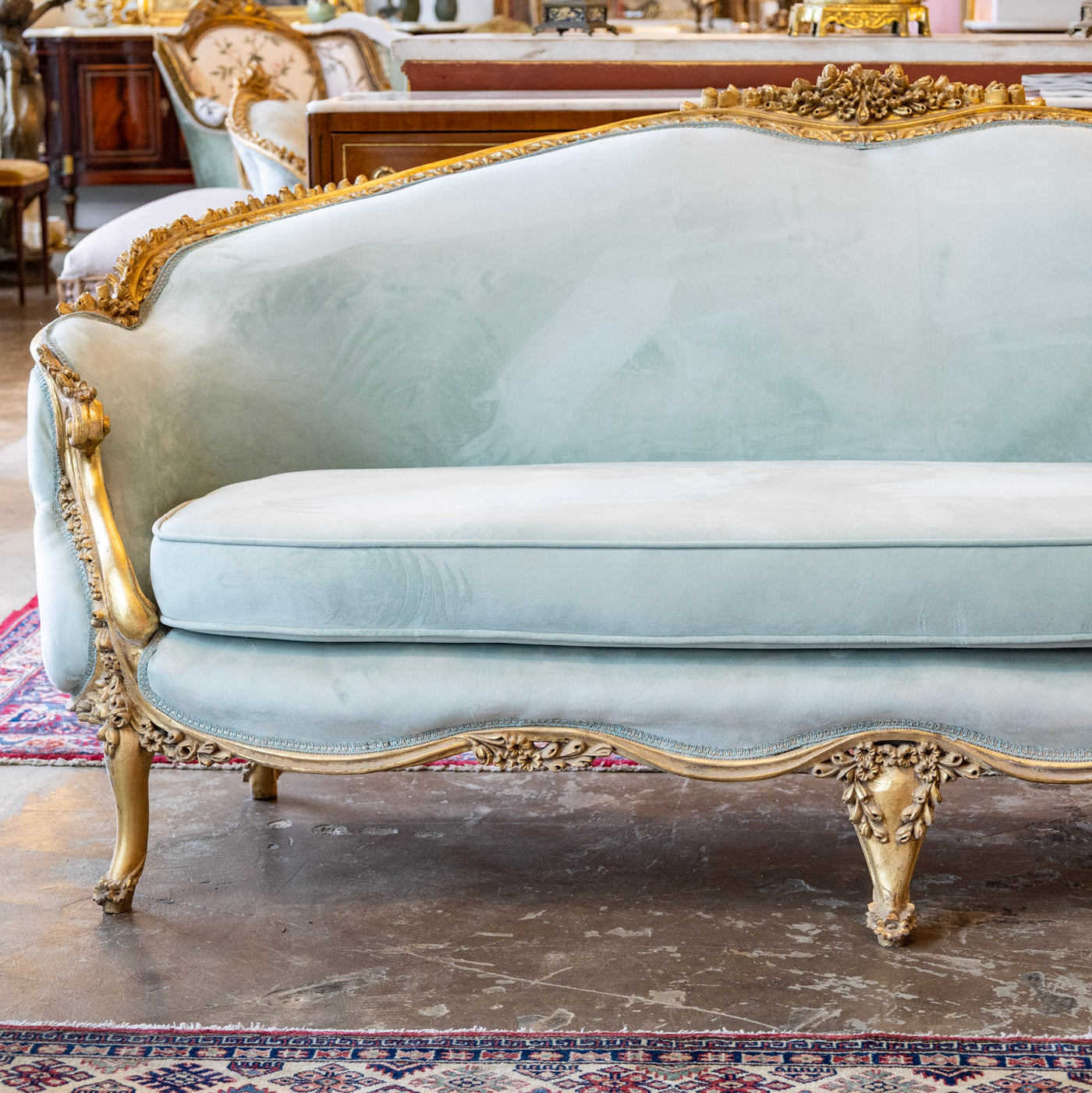 Louis XV Gilded Sofa – Carved with Tufted Pale Aqua Velvet Upholstery