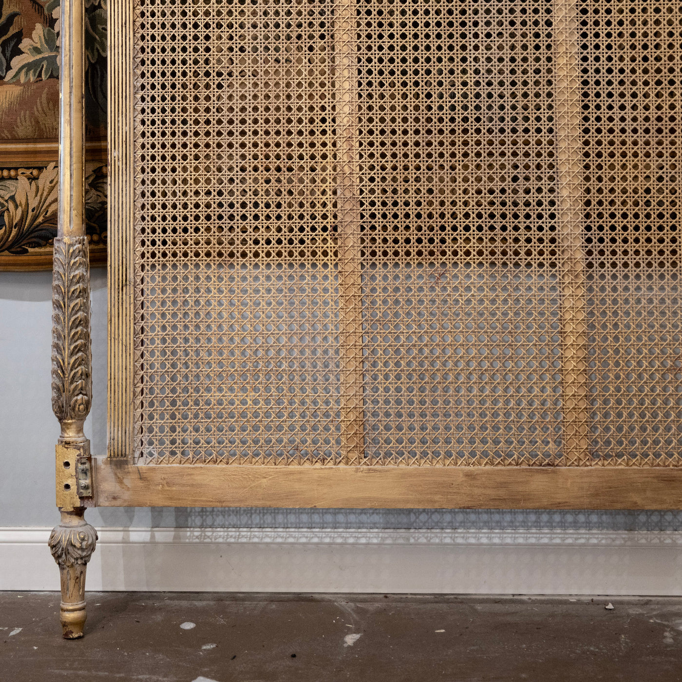 Louis XVI Gold Cane King Size Bed Set – Carved Crest & Fluted Posts