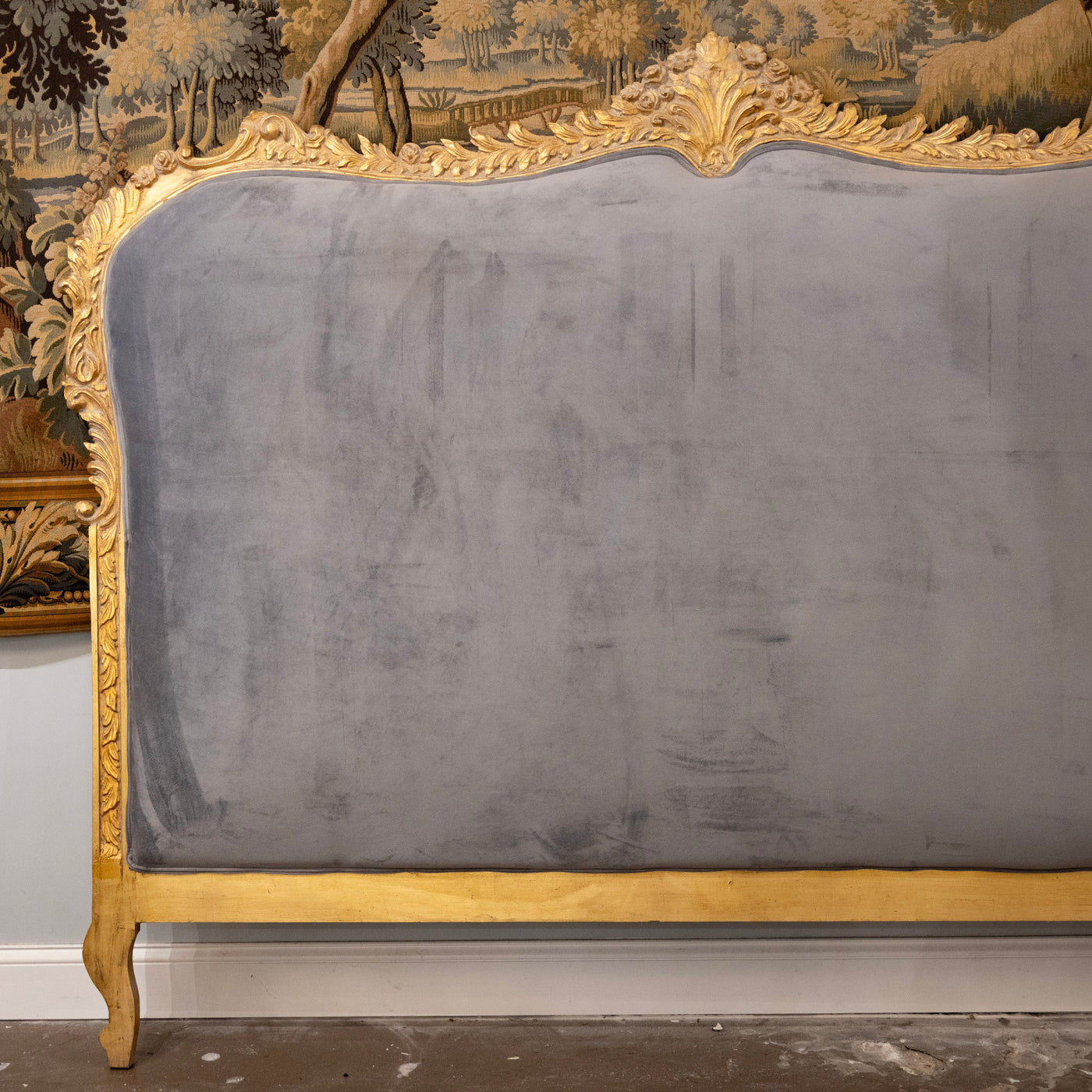 Louis XV Gilded Carved Ornate King Size Headboard – Dark Blue-Grey Velvet