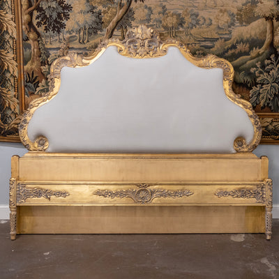 Louis XV Gilded Ornate King Bed Set – Sculpted Trim with Carvings & Soft White Velvet