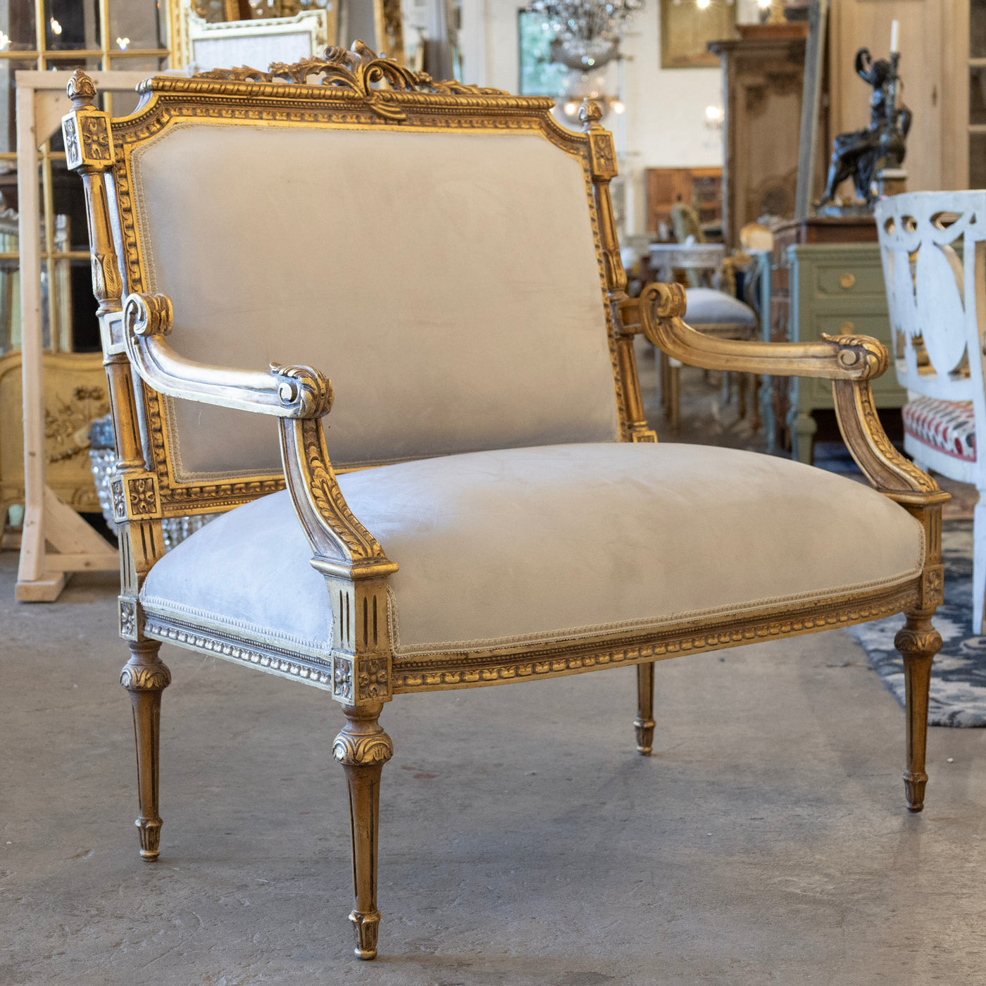 Louis XVI Gilded Loveseat Sofa – Two-Tone Carved Frame & Soft Grey Velvet Upholstery