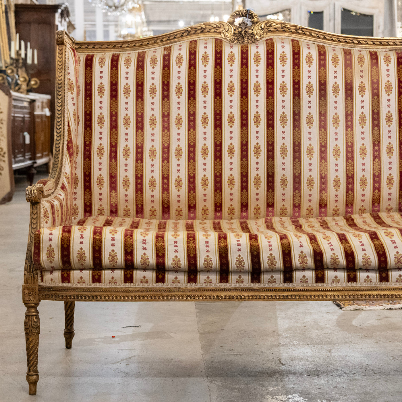 Louis XVI Carved Gilded Settee – Striped Damask Upholstery