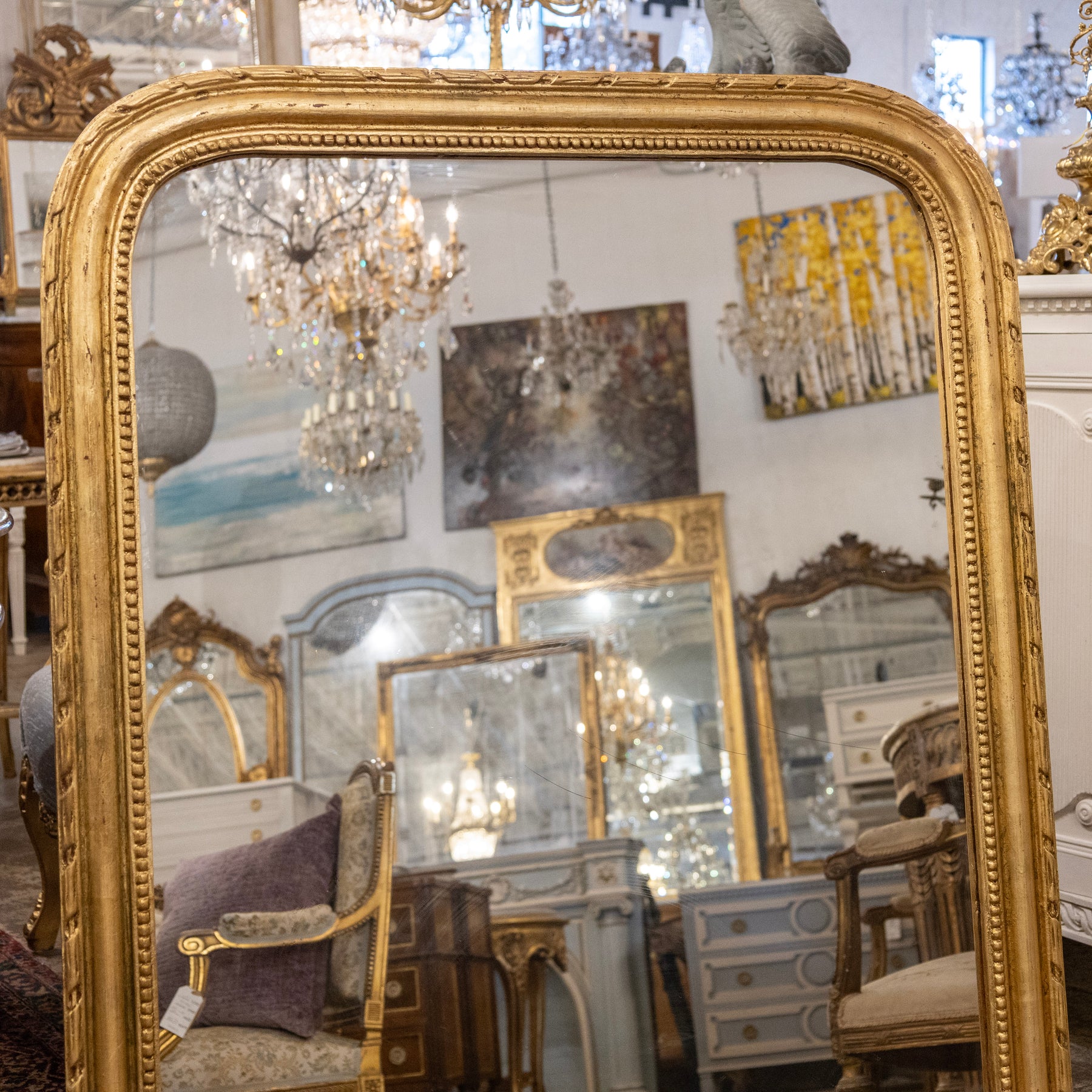 Louis Philippe Wide Gilded Mirror – Beaded & Rope Carved Trim – Le Chateau