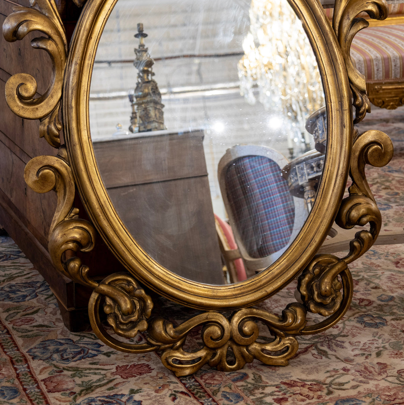 Italian Gilded Oval Mirror – Rococo Carvings