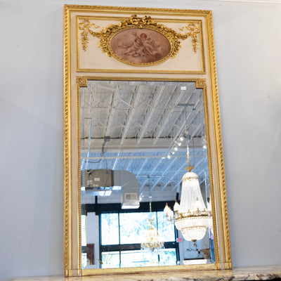 Louis XVI Gilded Trumeau Mirror – Cherub Painting & Bow Carvings