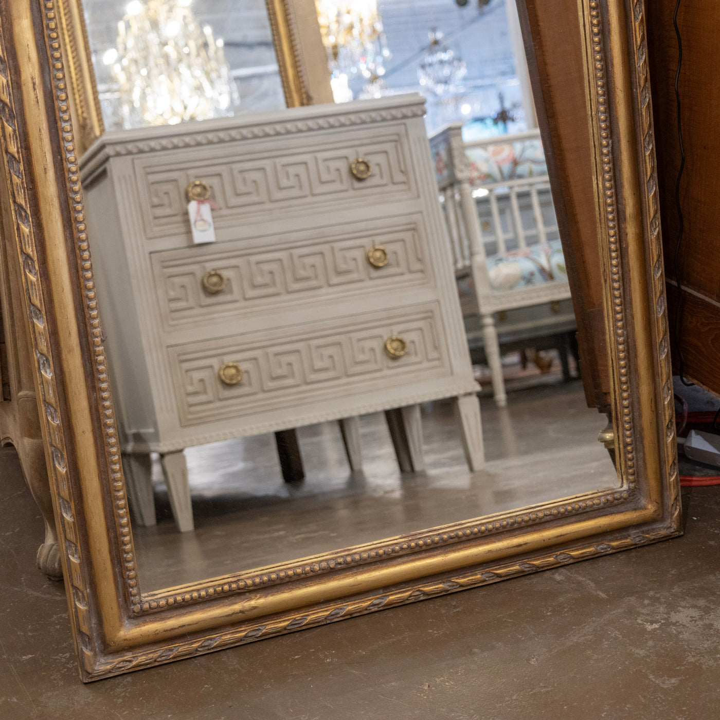 Louis Philippe Gilded Patina Mirror – Beaded & Rope Carved Trim