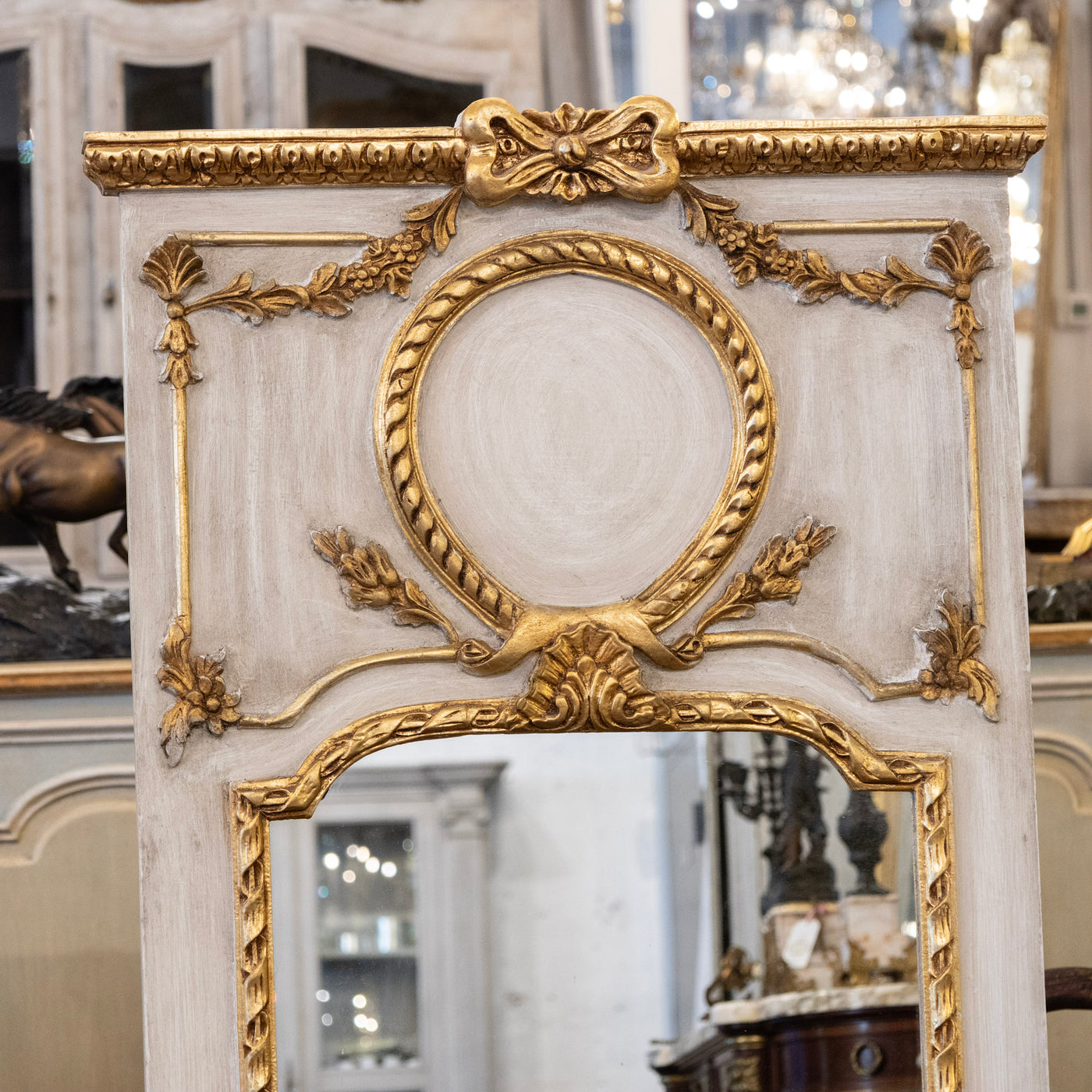 Louis XVI White Trumeau Mirror – Carved Laurel Wreath & Bow Crest