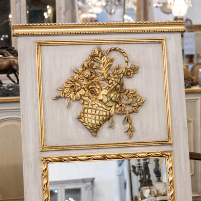 Louis XVI White Trumeau Mirror – Carved Floral Basket Crest