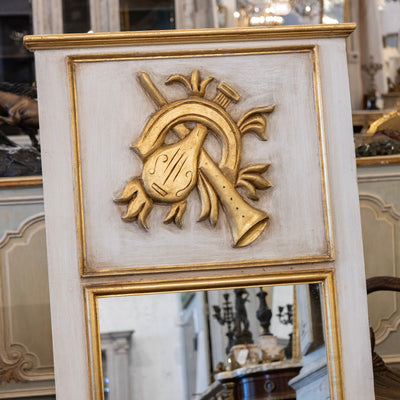 Louis XVI White Trumeau Mirror – Carved Musical Crest