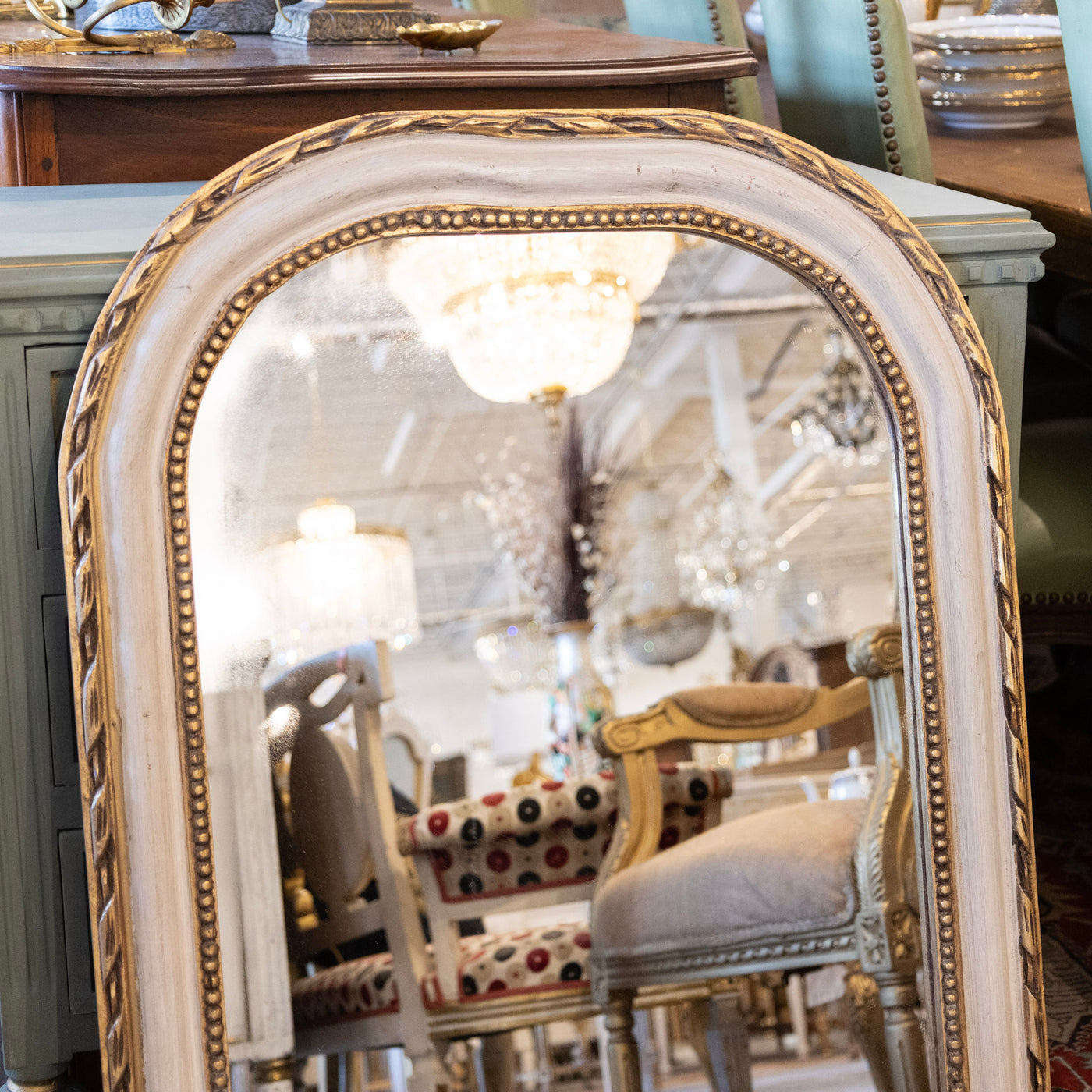 Louis Philippe White & Gold Mirror – Beaded & Rope Carved Trim