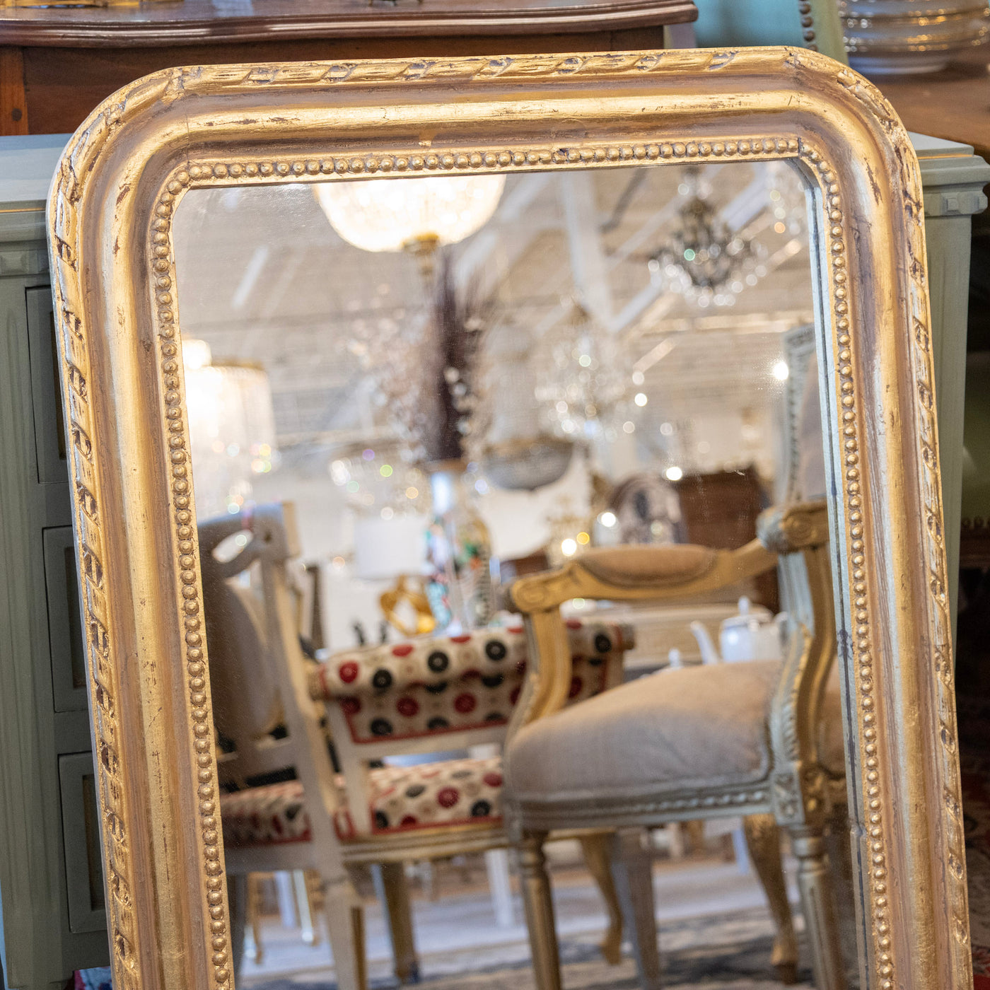 Louis Philippe Gilded Mirror – Tall Rectangular Frame with Rope & Beaded Trim