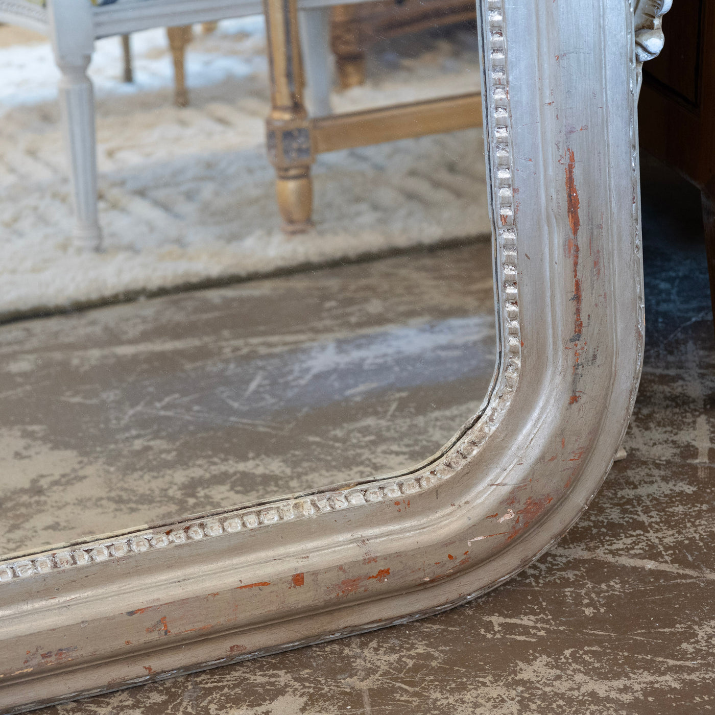 Louis Philippe Grand Silver Leaf Mirror – Rounded Beaded Frame with Patina