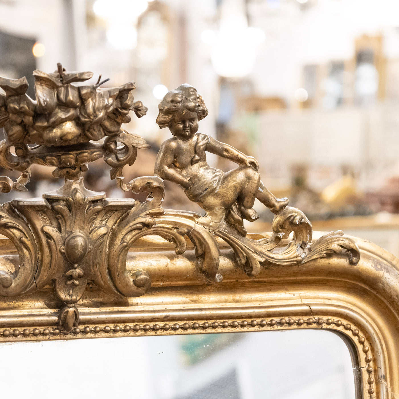 18th century Ornate French Gilded Mirror – Cherub Crest & Beaded Frame
