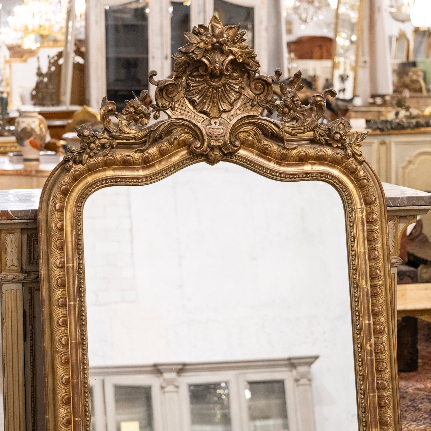 18th-Century Ornate French Gilded Mirror – Shell Crest & Carved Trim
