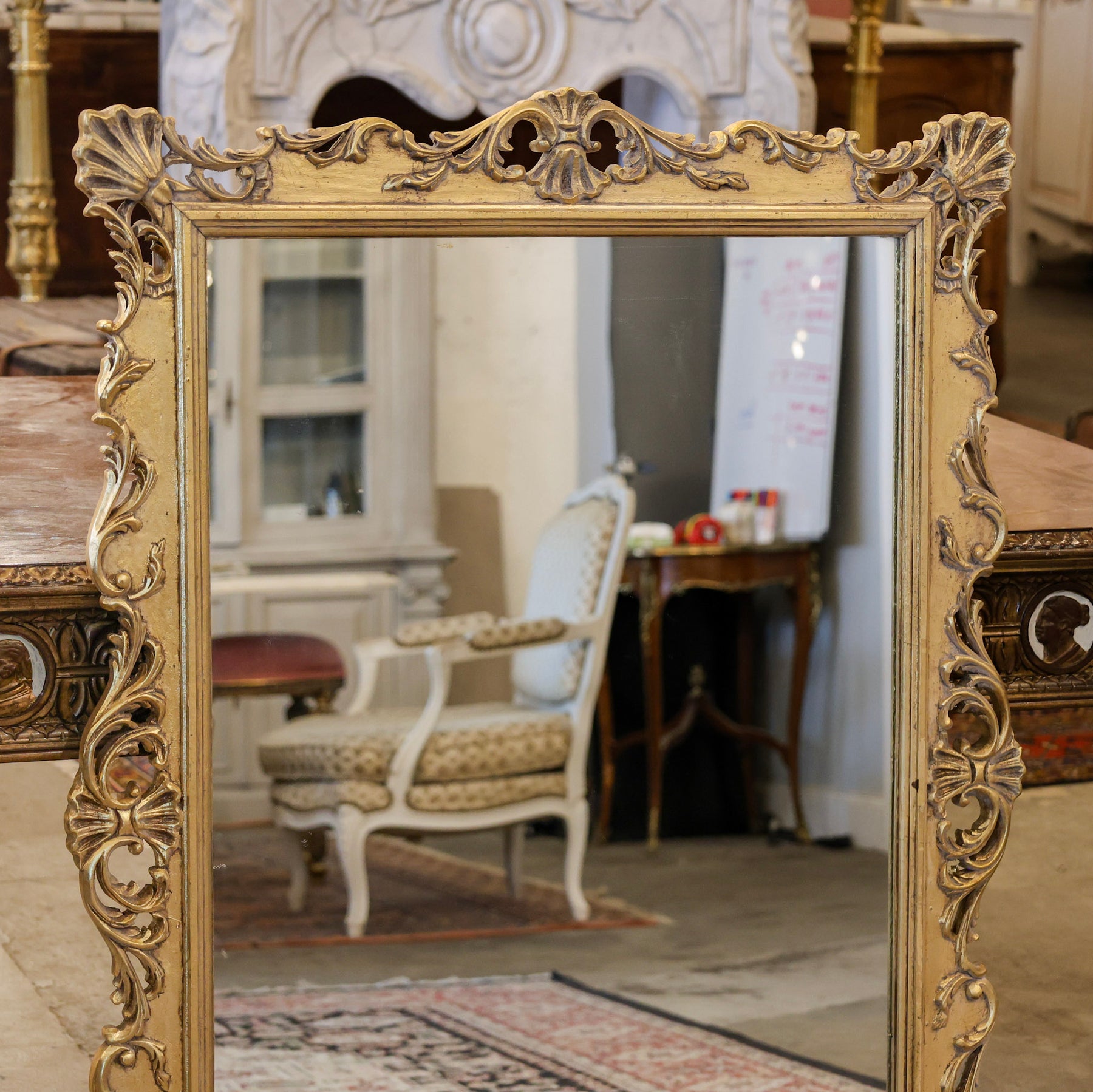 Louis XV Gilded Mirror – Shell Crest with Carved Scrollwork – Le Chateau