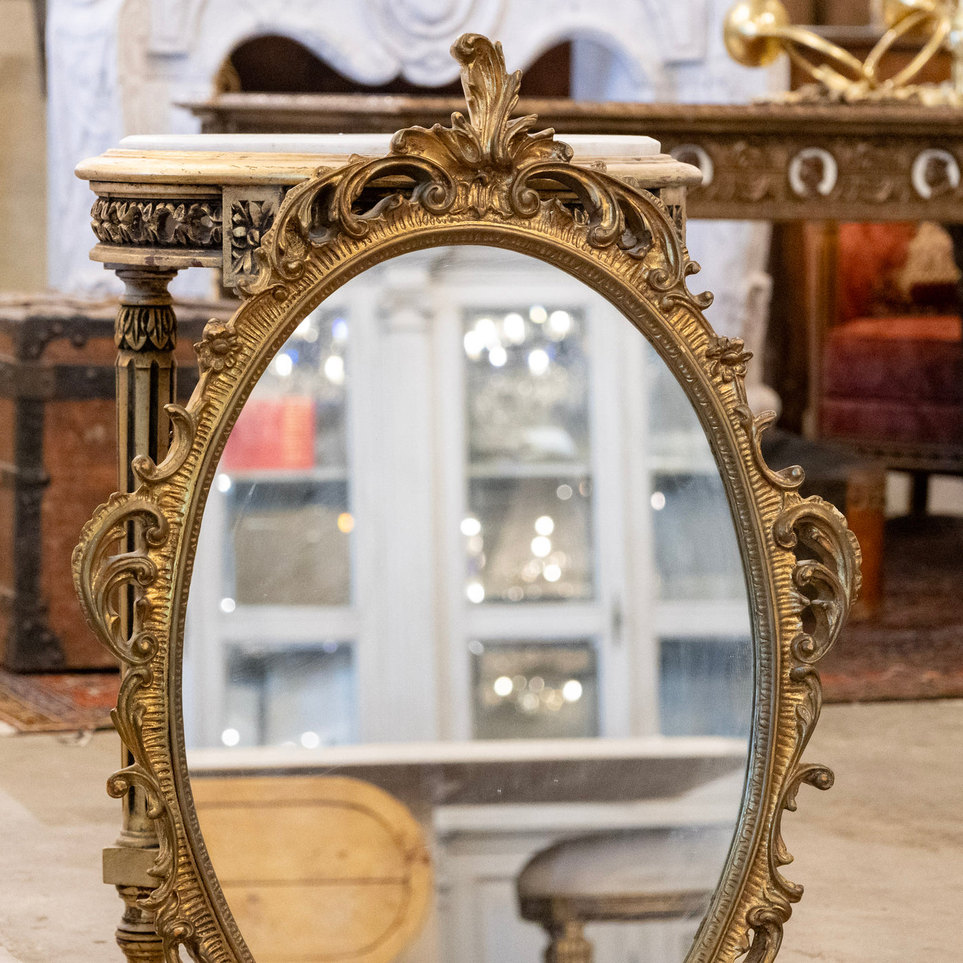 Fluted Frame French Gilded Oval Mirror – Fluted Frame with Scroll Carvings – Le Chateau