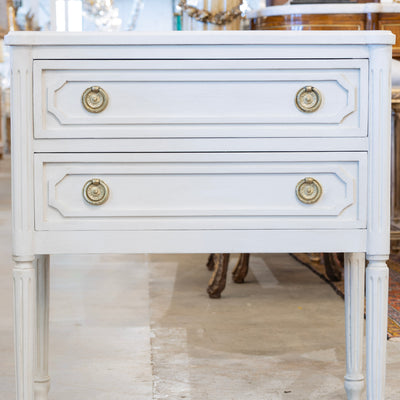 Swedish 2-Drawer Nightstand – Rounded Corners & Brass Ring Pulls in Dove White