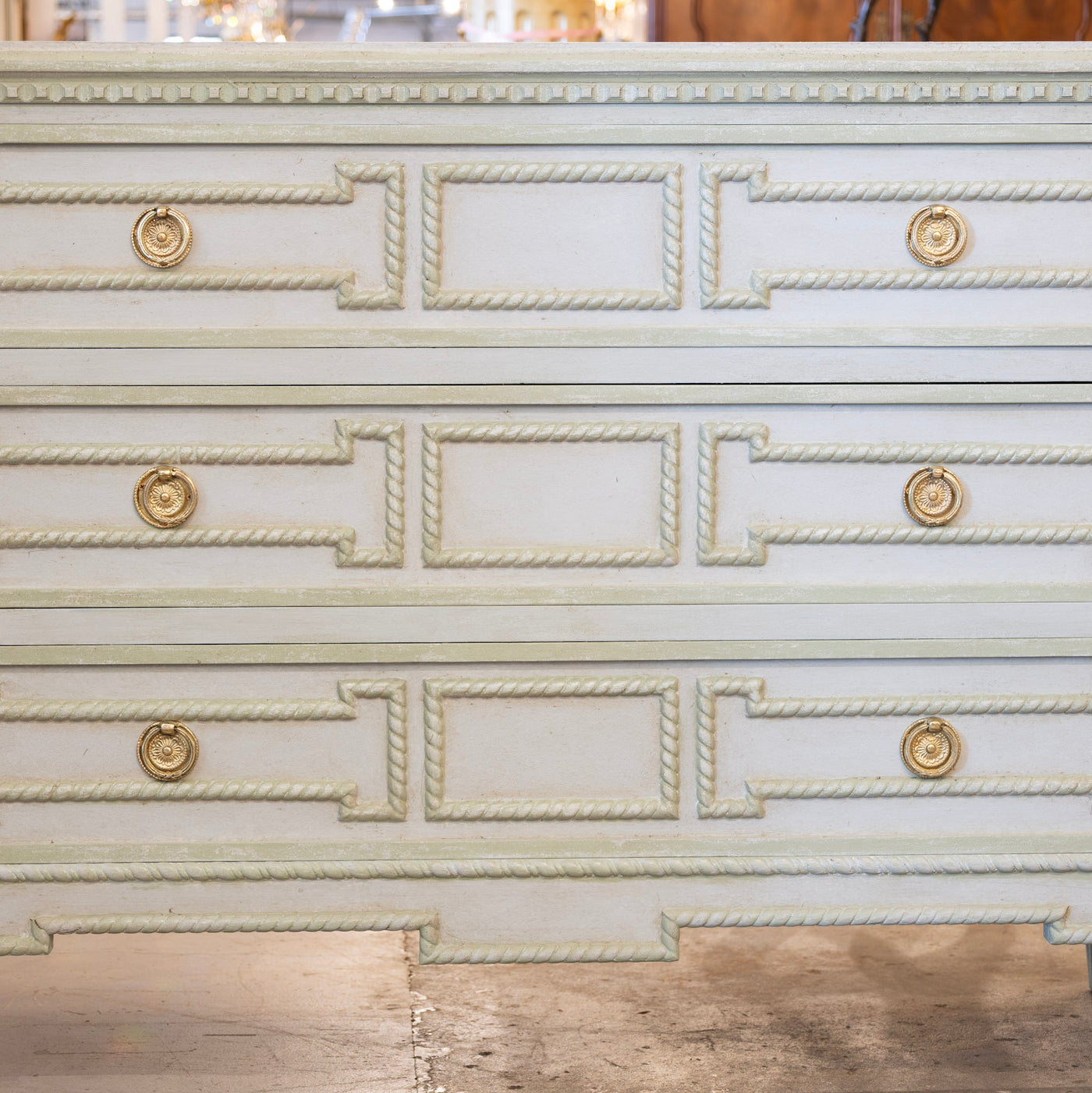 Swedish 3-Drawer Chest – Carved Open Rope Trim & Green-Blue Finish