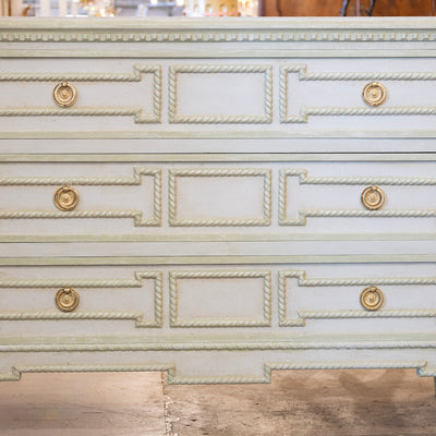 Swedish 3-Drawer Chest – Carved Open Rope Trim & Green-Blue Finish