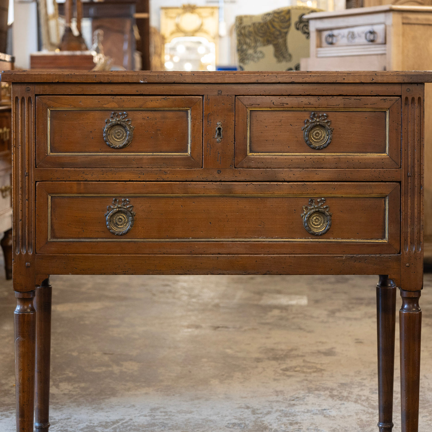 Louis XVI 3-Drawer Nightstand – Dark Brown Wood