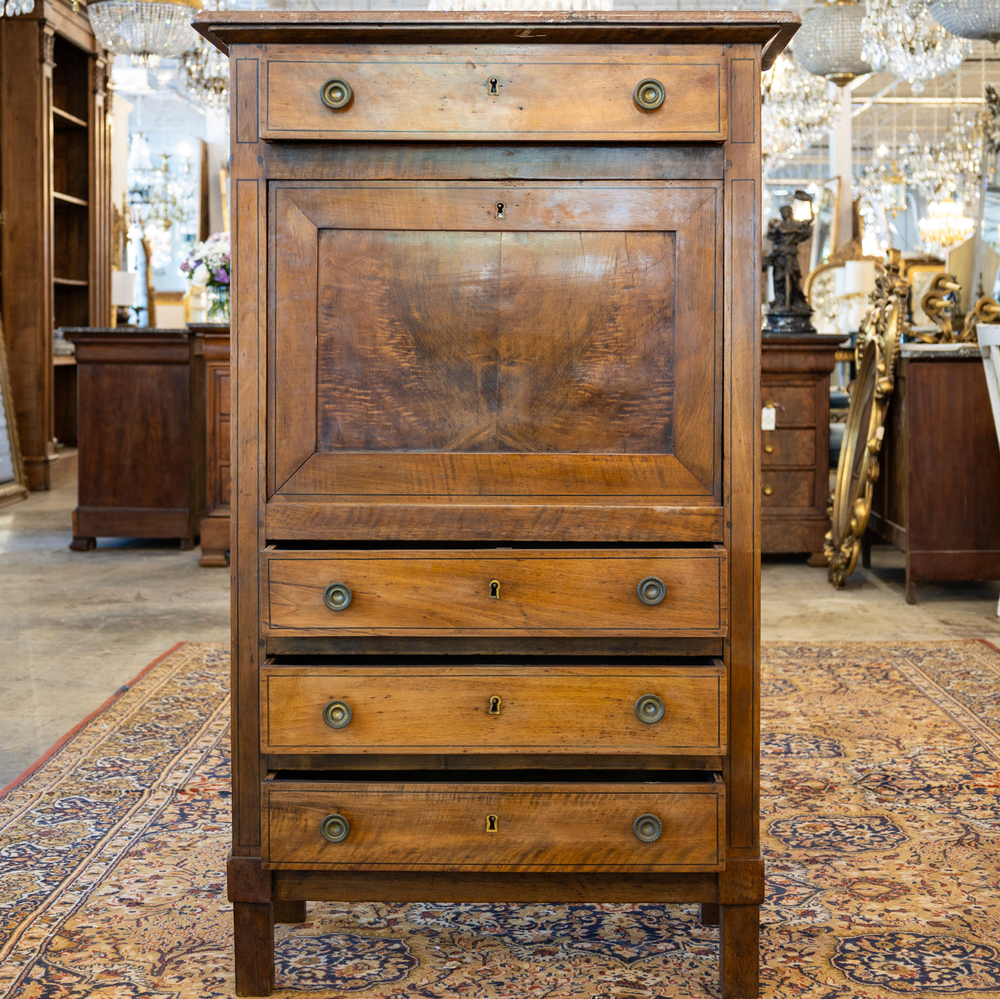 Louis XVI Wood Secretary Desk – Drop Front Drawers with Rosy-Brown Marble Top
