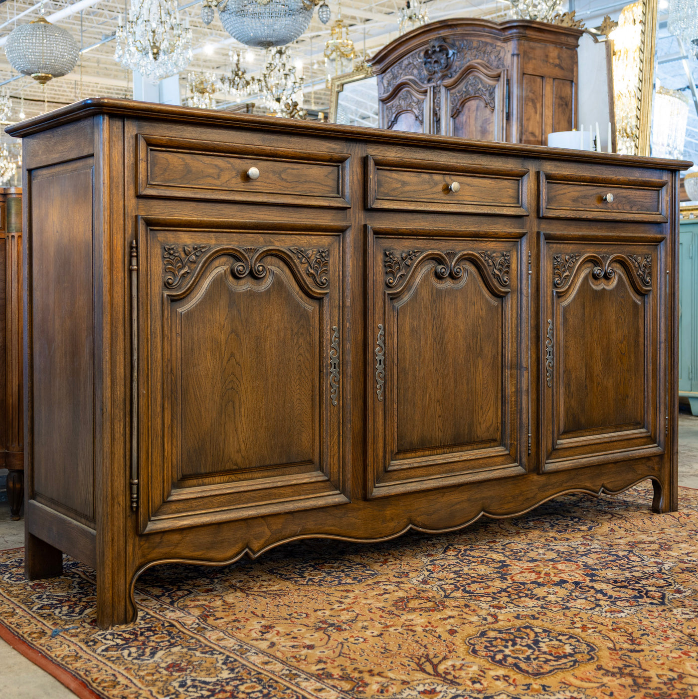LouisXVI Brown Sideboard – Rounded Corners & Carved Detailing