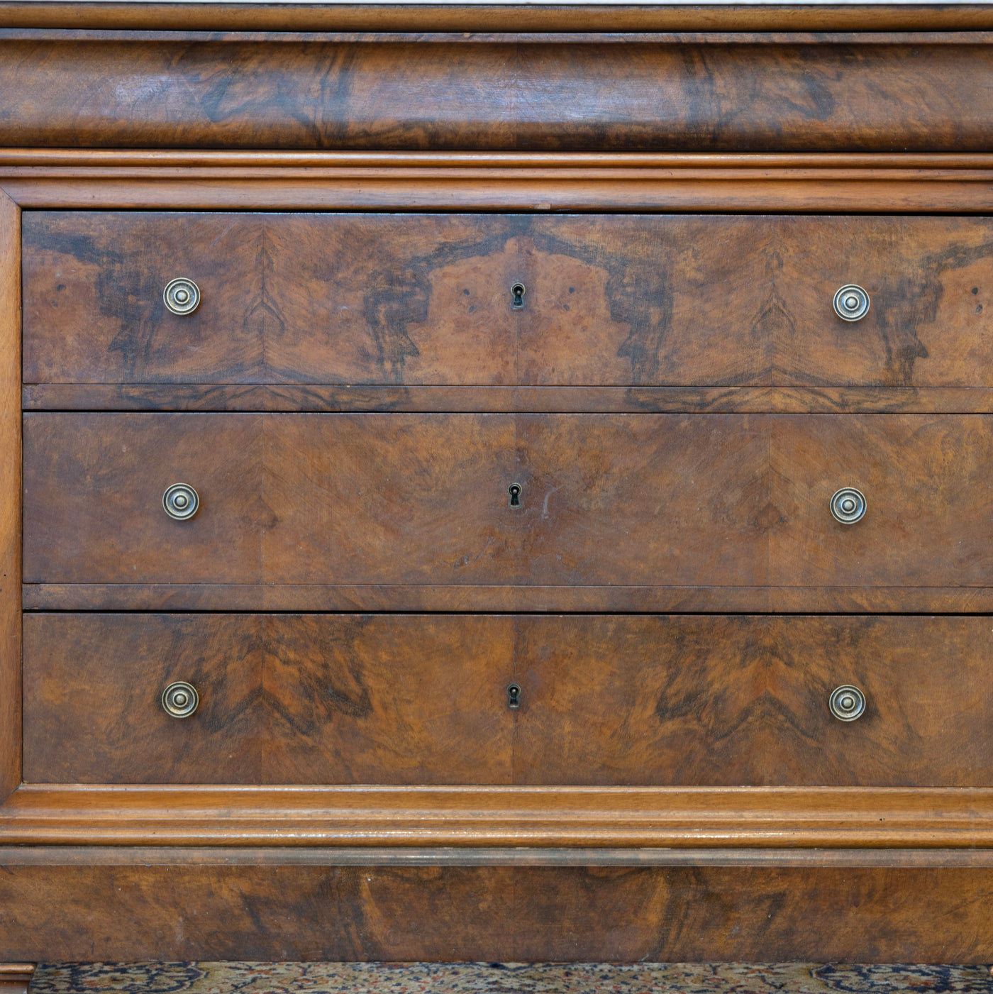 Louis Philippe Burl Wood Chest – White Marble Top & Brass Pulls