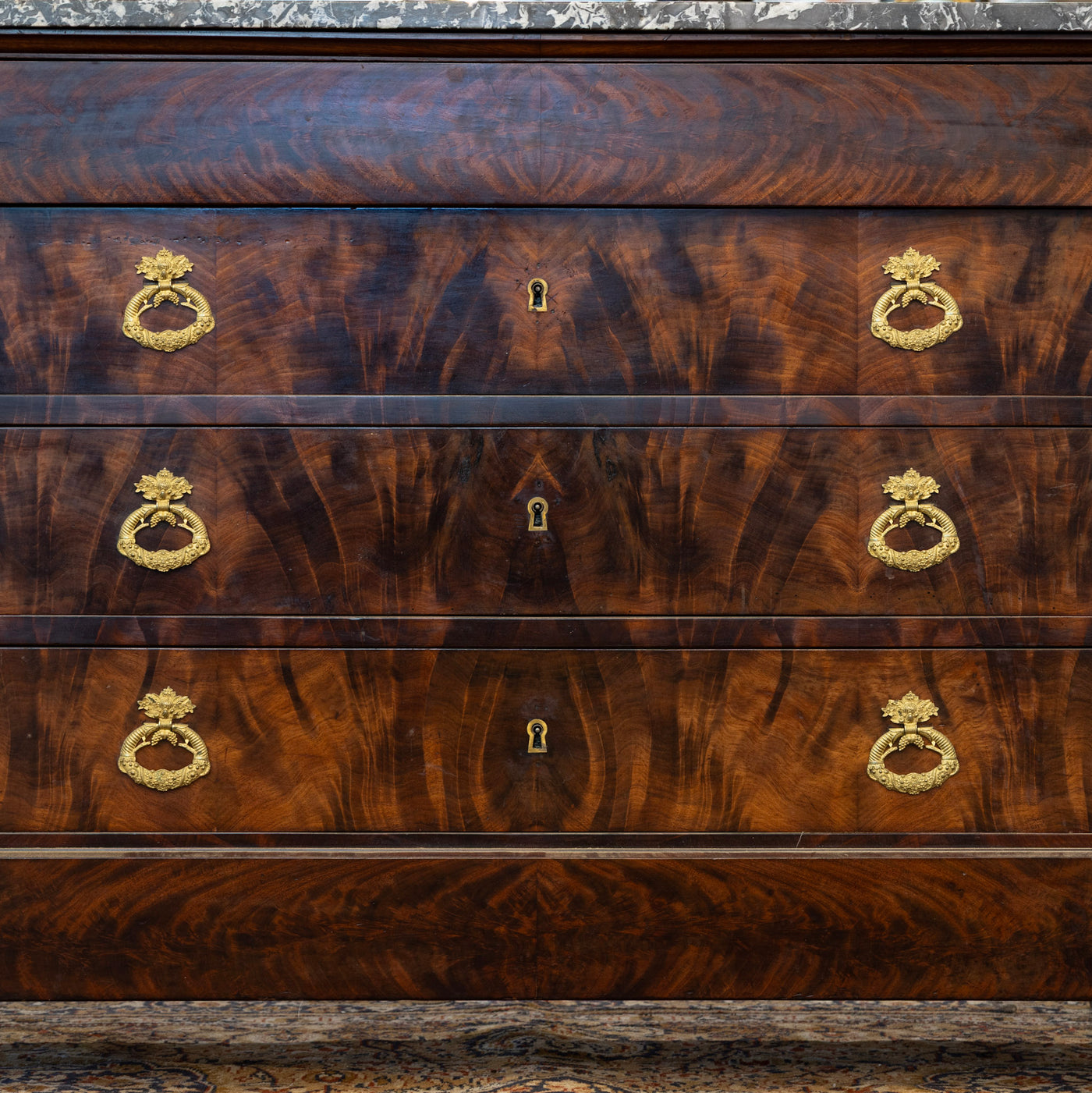 Louis Philippe Burl Wood Chest – Black Marble Top & Ornate Brass Pulls
