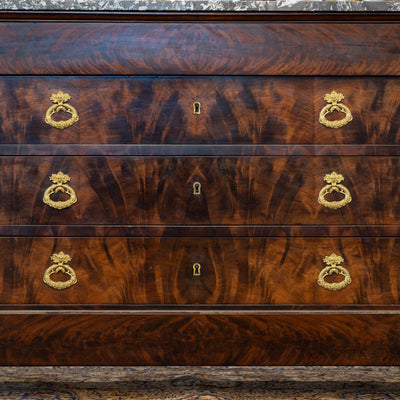 Louis Philippe Burl Wood Chest – Black Marble Top & Ornate Brass Pulls