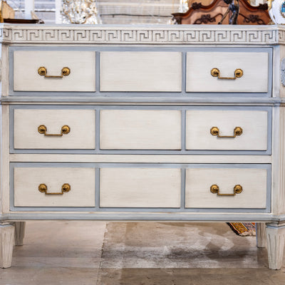 Swedish 3-Drawer Chest – Greek Key Carving & Blue Trim