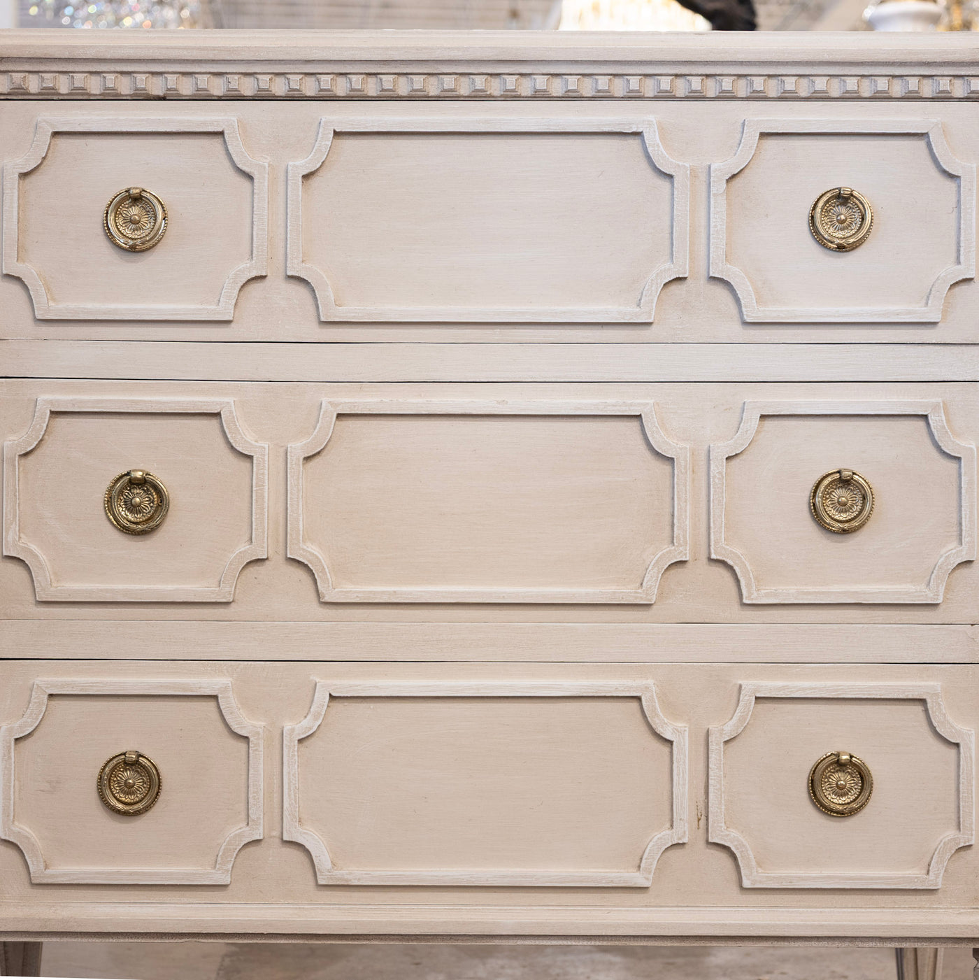 Swedish 3-Drawer Chest – Canted Corners & Open Geometric Trim in Antique White