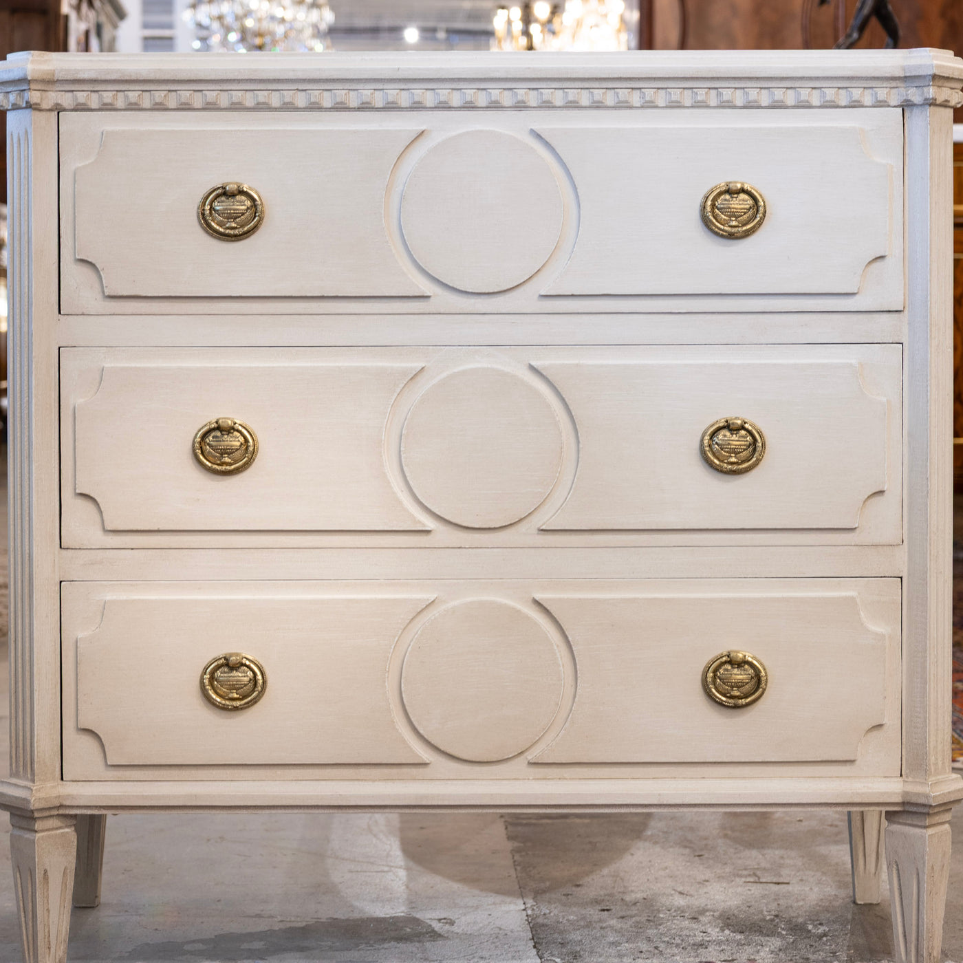 Swedish 3-Drawer Chest – Canted Corners & Circular Carved Detail in Antique White