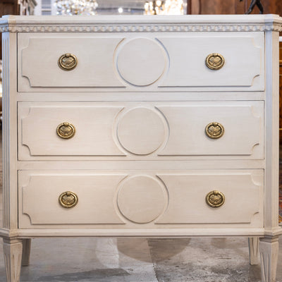 Swedish 3-Drawer Chest – Canted Corners & Circular Carved Detail in Antique White