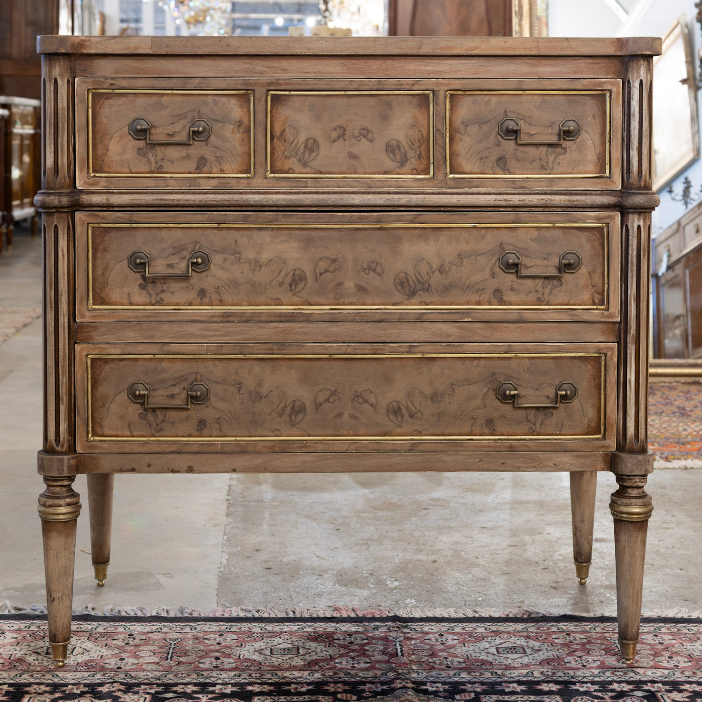 Louis XVI 3-Drawer Chest – Stripped Burl Wood with Gold Trim