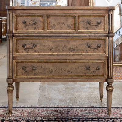 Louis XVI 3-Drawer Chest – Stripped Burl Wood with Gold Trim